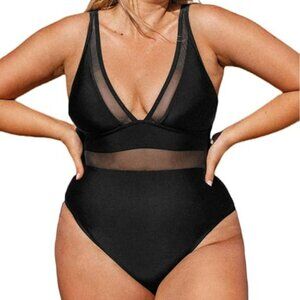 CUPSHE One Piece Swimsuit V Neck Mesh Sheer Tummy Control Bathing Suit